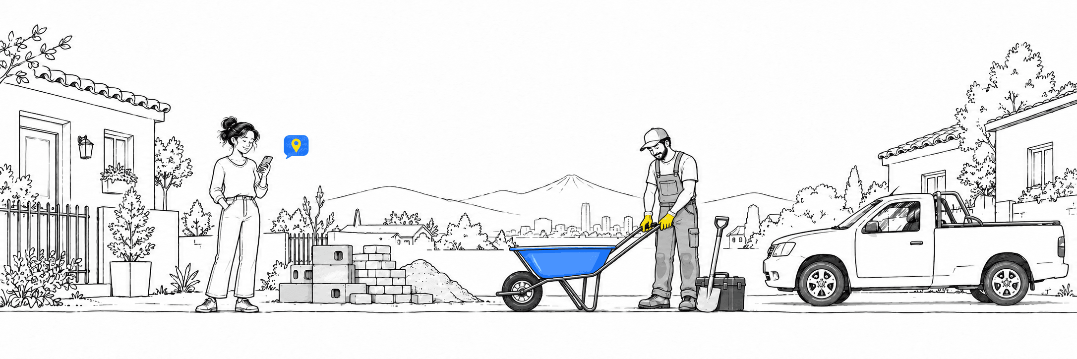 Ilustración de un barrio y personas coordinando un servicio